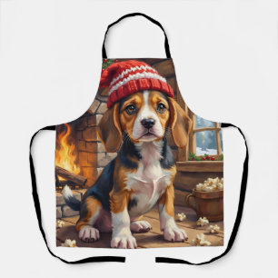 Cheerful Beagle Puppy in Stocking Cap Cozy Apron