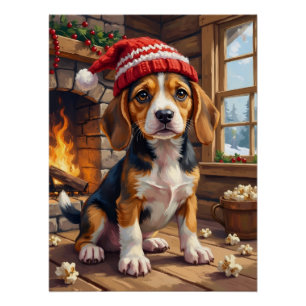 Cheerful Beagle Puppy in Stocking Cap Cozy Poster