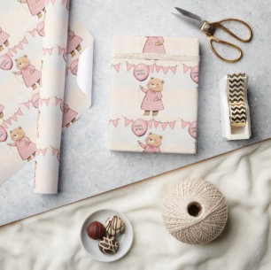 Cheerful Bear Holding Pink Balloon Wrapping Paper