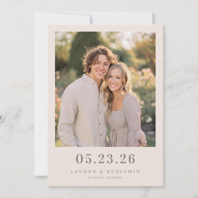 Cheerful Beige Romantic Photo Save The Date (Front)