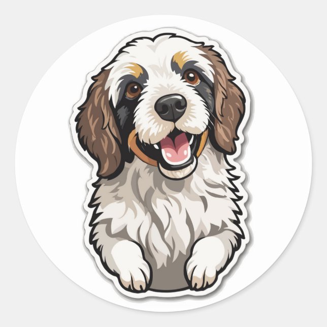 Cheerful Bernedoodle Sticker: Mixed Breed Dog Classic Round Sticker (Front)