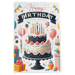 Cheerful Birthday Celebration Cake & Balloons Medium Gift Bag