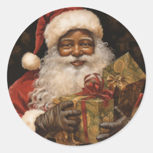 Cheerful Black Santa Claus,Joyful Christmas Wishes Classic Round Sticker