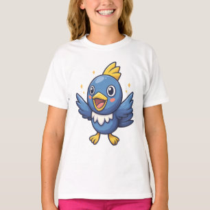 Cheerful Blue Bird Cartoon in Pokémon-Inspired  T-Shirt