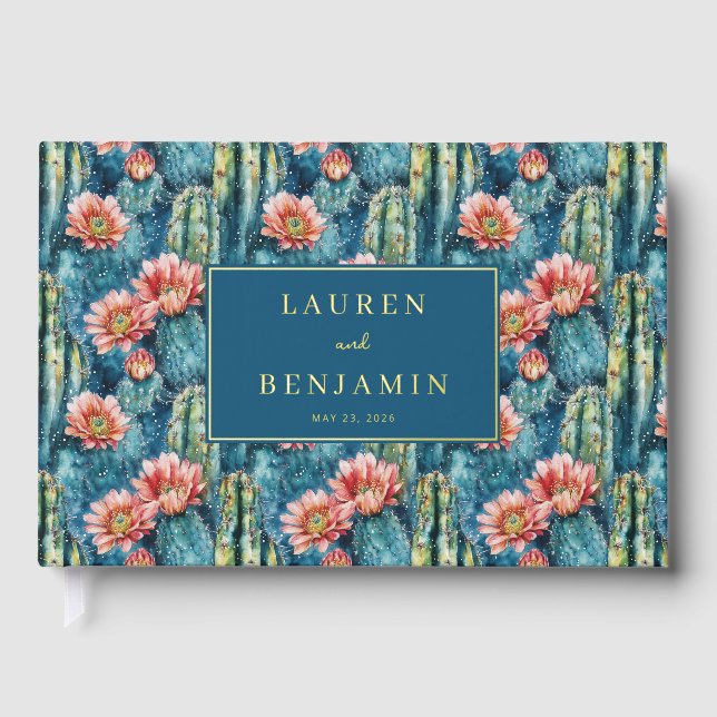 Cheerful Blue Cactus and Flower Illustration Guest Book (Front)