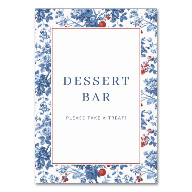 Cheerful Blue Floral Dessert Bar Sign Table Number (Front)