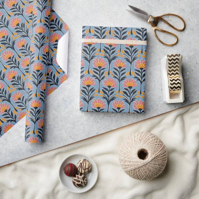 Cheerful Blue Floral Retro Wrapping Paper (Crafts)