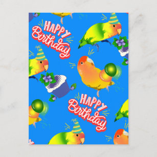 Cheerful Blue Happy Birthday Birds Lovebird Parrot Postcard