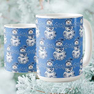 Cheerful Blue White Happy Snowman Coffee Mug