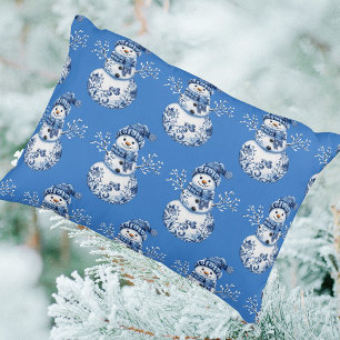 Cheerful Blue White Happy Snowman Decorative Cushion