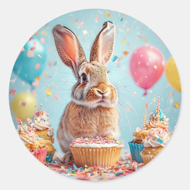 Cheerful Bunny Celebrating with Cupcakes Classic Round Sticker (Front)