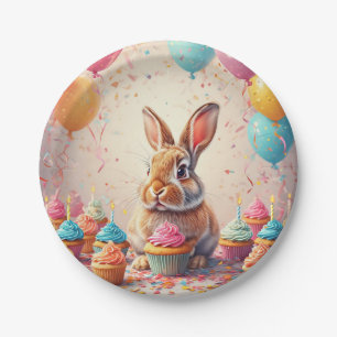 Cheerful Bunny Celebrating with Cupcakes Paper Plate