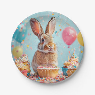 Cheerful Bunny Celebrating with Cupcakes Paper Plate