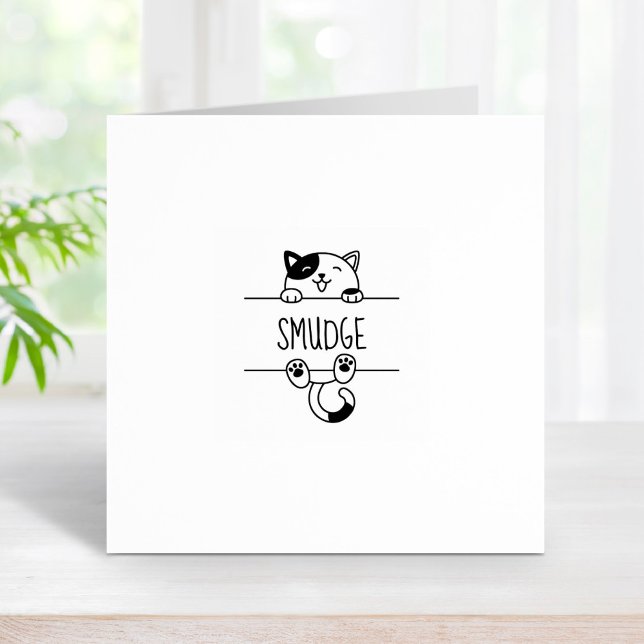 Cheerful Calico Cat Peeking Custom Name 1x1 Rubber Stamp (Creator Uploaded)