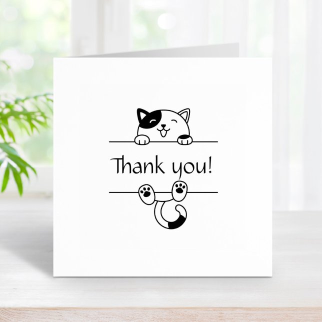 Cheerful Calico Cat Peeking Thank You Rubber Stamp (Creator Uploaded)