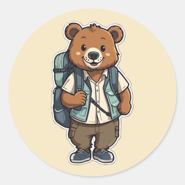 Cheerful Cartoon Bear with Backpack Classic Round Sticker (Front)