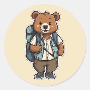 Cheerful Cartoon Bear with Backpack Classic Round Sticker