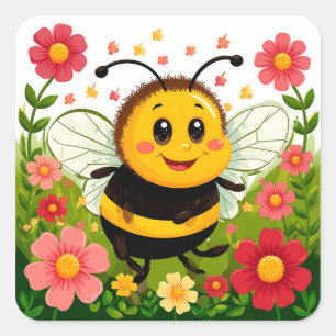 Cheerful Cartoon Bee 🐝 Bright Floral Garden 🌼 Square Sticker