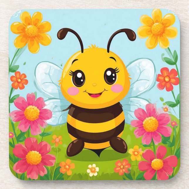 Cheerful Cartoon Bee Surrounded by Bright Flowers Coaster (Front)