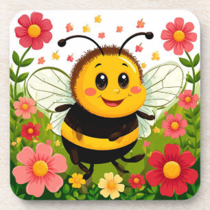Cheerful Cartoon Bee Surrounded by Bright Flowers Coaster