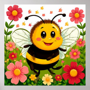 Cheerful Cartoon Bee Surrounded by Bright Flowers Poster
