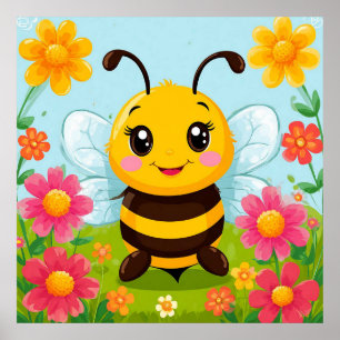 Cheerful Cartoon Bee Surrounded by Bright Flowers Poster