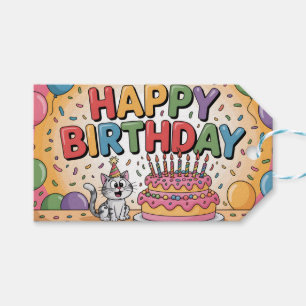 Cheerful Cartoon Cat Happy Birthday Illustration Gift Tags