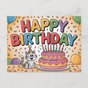 Cheerful Cartoon Cat Happy Birthday Illustration Postcard