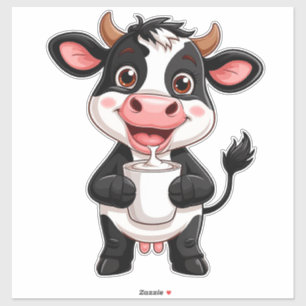 Cheerful Cartoon Cow Drinking Milk