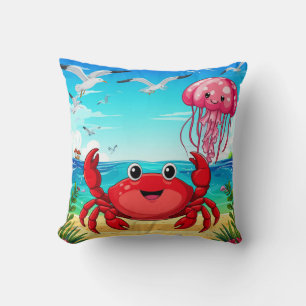 Cheerful Cartoon Crab on a Vibrant Beach Cushion