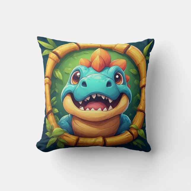 Cheerful Cartoon Dinosaur in Bamboo Frame Cushion (Front)