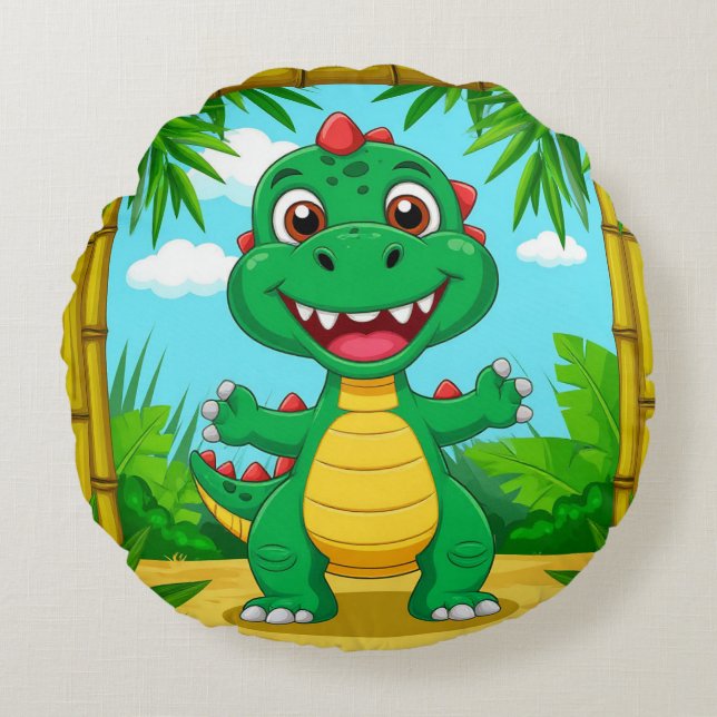 Cheerful Cartoon Dinosaur in Bamboo Frame Round Cushion (Front)