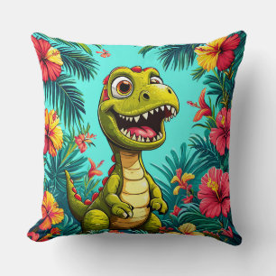 Cheerful Cartoon Dinosaur With Tropical Flowers Cushion