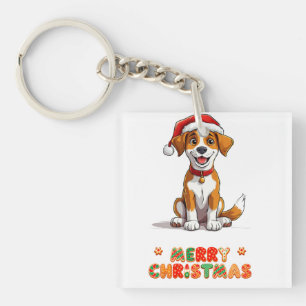 Cheerful Cartoon Dog Wearing a Santa Hat Key Ring