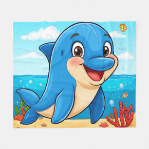 Cheerful Cartoon Dolphin in an Underwater Fleece Blanket