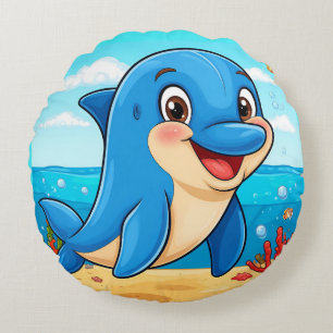 Cheerful Cartoon Dolphin in an Underwater Round Cushion