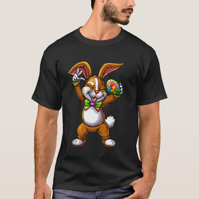 Cheerful Cartoon Easter Bunny With Egg T-Shirt (Front)
