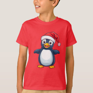 Cheerful Cartoon Penguin in Santa Hat T-Shirt
