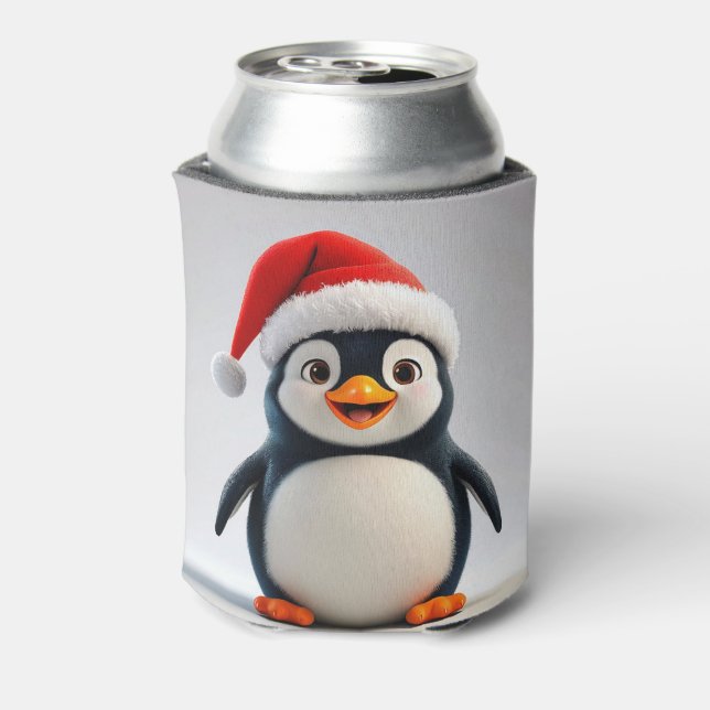 Cheerful Cartoon Penguin Wearing Santa Hat Can Cooler (Can Back)