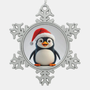 Cheerful Cartoon Penguin Wearing Santa Hat Snowflake Pewter Christmas Ornament