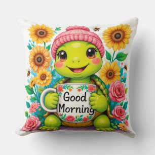 Cheerful Cartoon Turtle Greeting Good Morning Cushion
