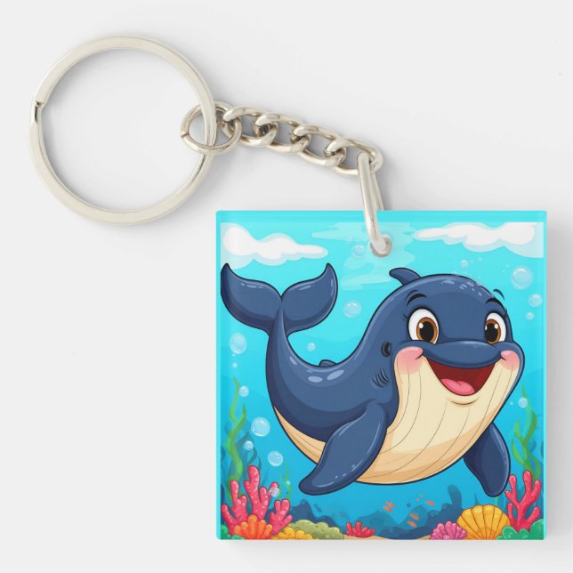 Cheerful Cartoon Whale Swimming Key Ring (Front)