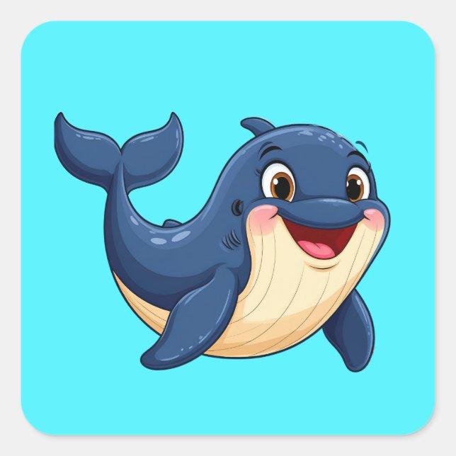 Cheerful Cartoon Whale Swimming Square Sticker (Front)