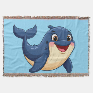 Cheerful Cartoon Whale Swimming Throw Blanket