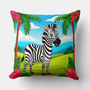 Cheerful Cartoon Zebra in a Tropical Landscape Cushion