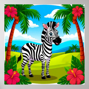 Cheerful Cartoon Zebra in a Tropical Landscape Poster