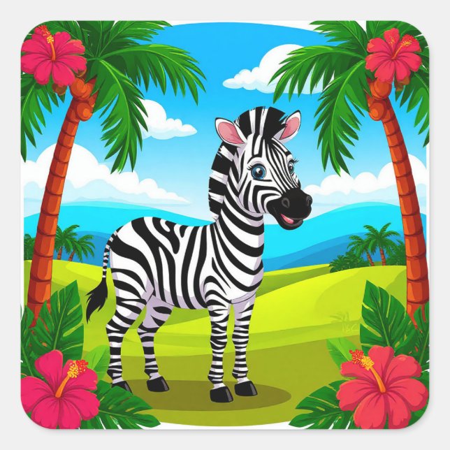 Cheerful Cartoon Zebra in a Tropical Landscape Square Sticker (Front)