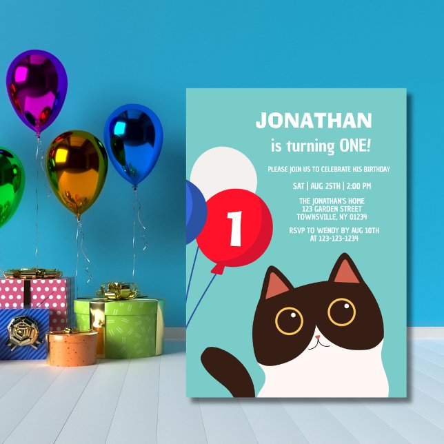Cheerful Cat Party Balloon Kids Birthday Invitation (Creator Uploaded)