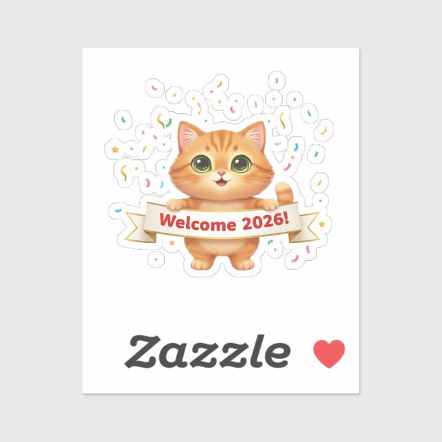 Cheerful Cat with New Year Banner Welcome 2026  (Sheet)