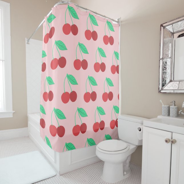 Cheerful Cherries Fruity Pink Shower Curtain (In Situ)